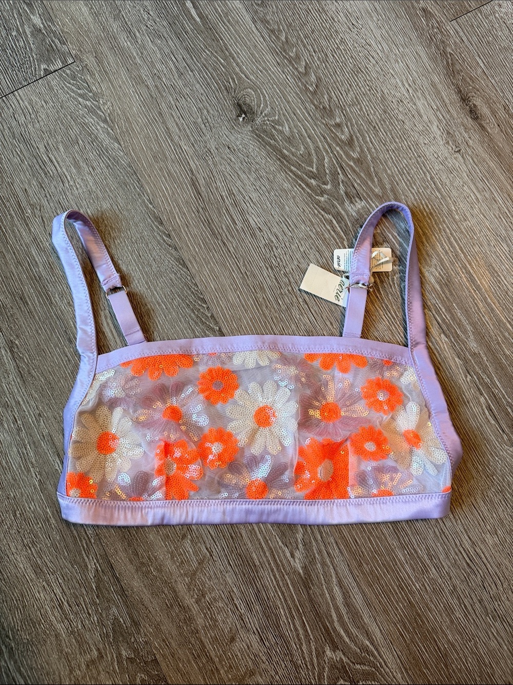 aerie Lavender Floral Mesh Bralette with Neon Orange Flowers